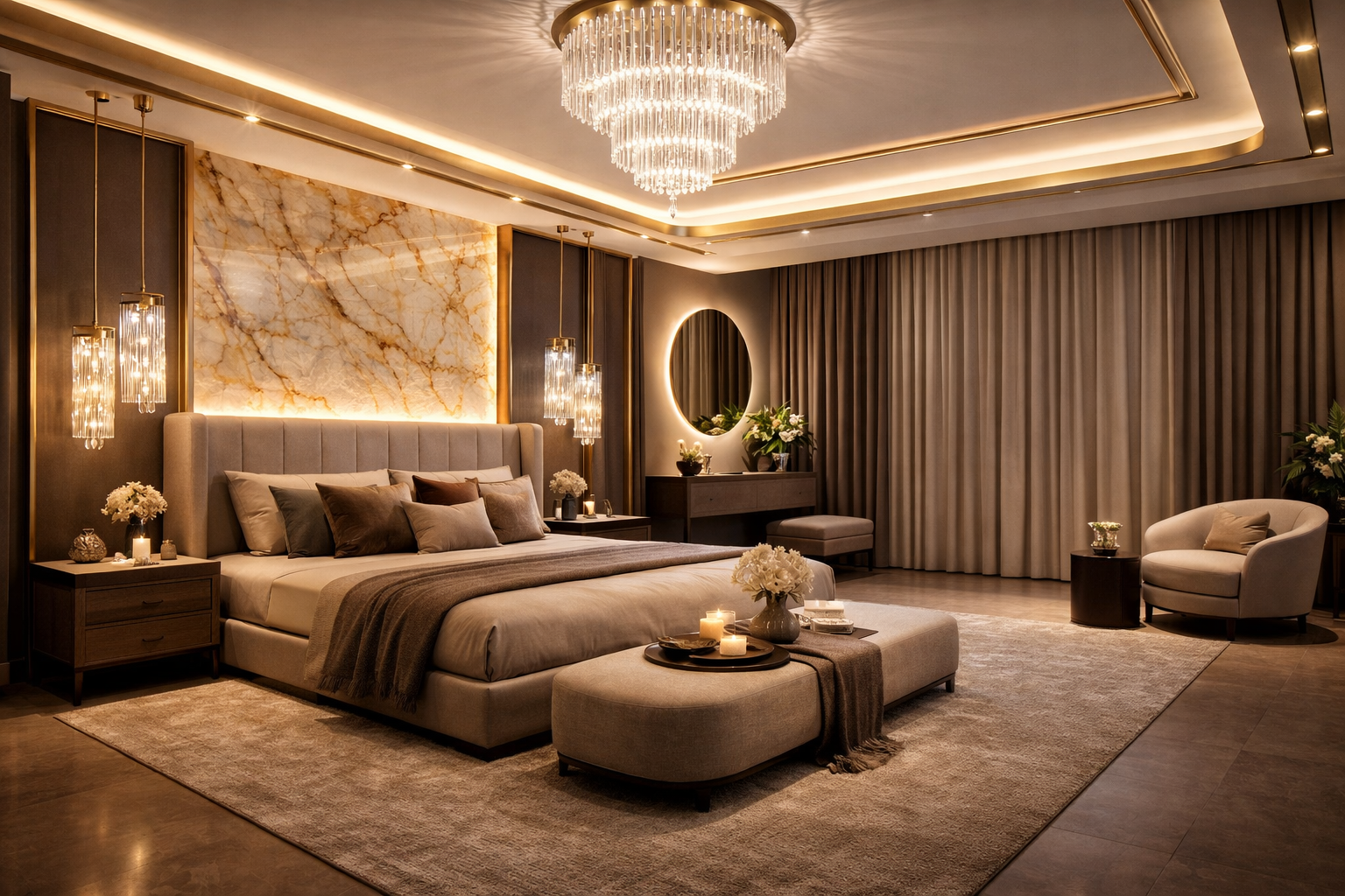 Premium bedroom-style relaxation scene with soft architectural lighting